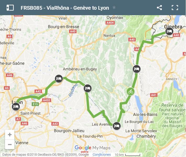 Map cycling route Rhône river- from Geneve to Lyon