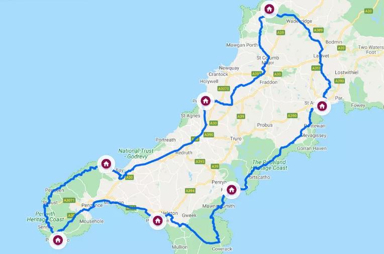 Overview map Cornish Cycle with S-Cape UK