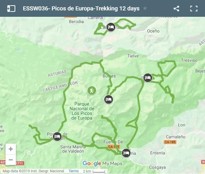 Map walking routes in Picos de Europa