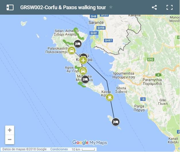 Corfu y Paxos walking routes map