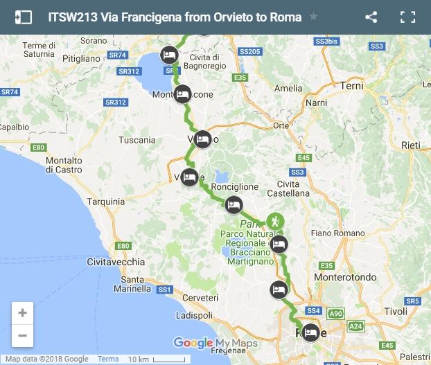 Map walking the Via Francigena from Orvieto to Rom