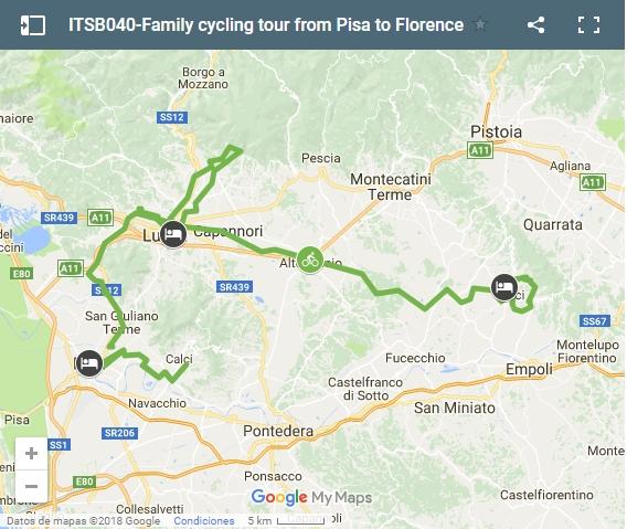 Family cycling tour from Pisa to Florence-map
