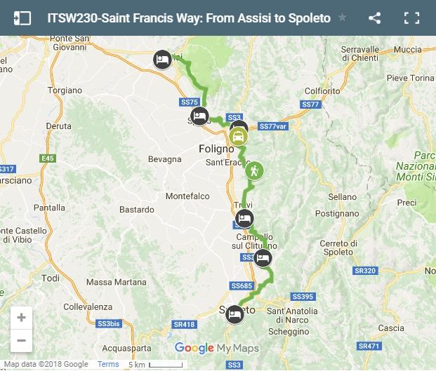 Map walking route Saint Francis Way from Assisi to Spoleto