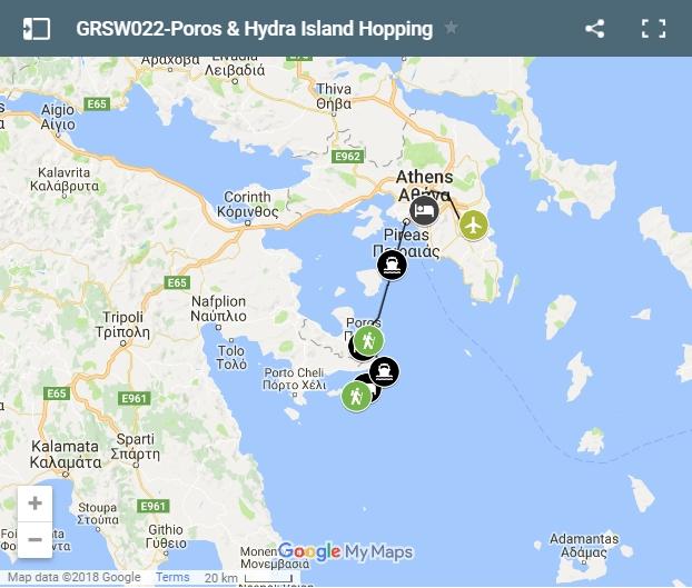Mapa walking routes Poros and Hydra Island