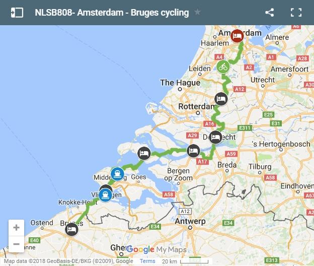 Map route from Amsterdam to Bruges cycling