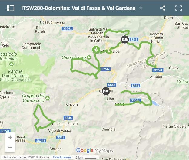 Map routes Dolomites-Val di Fassa y Val Gardena