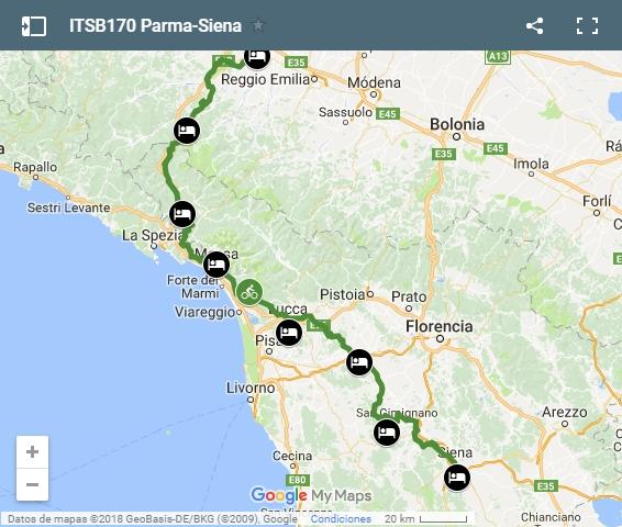 Cycling from Parma to Siena map