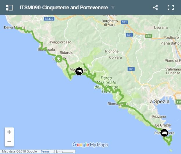 Map walking routes Cinque Terre and Portovenere