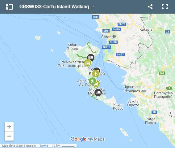 Map walking routes in Corfu Island