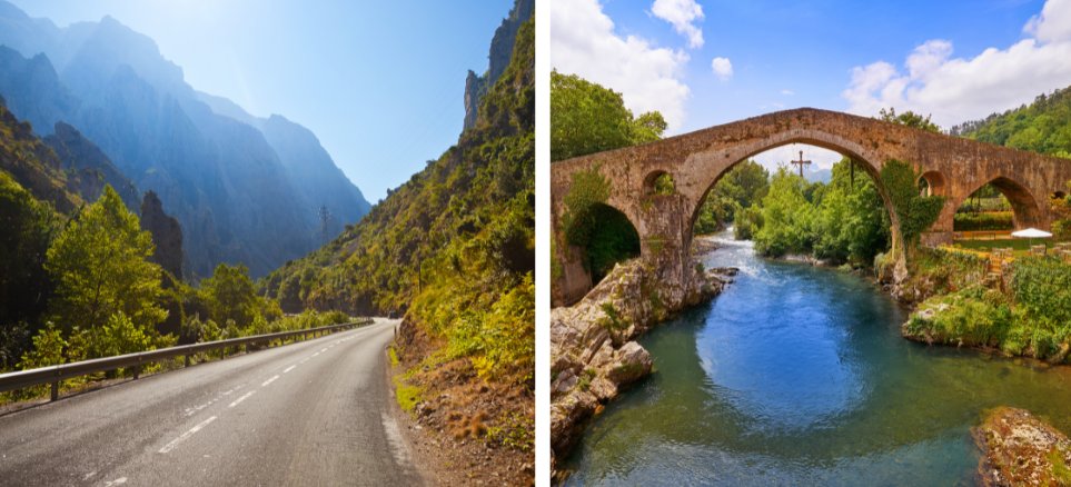 Road along forest and the roman bridge in Cangas de Onis
