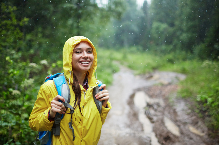Hiker in rainy clothes