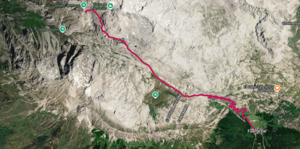 Route map from Fuente D&eacute; to Collado Jermoso mountain hut