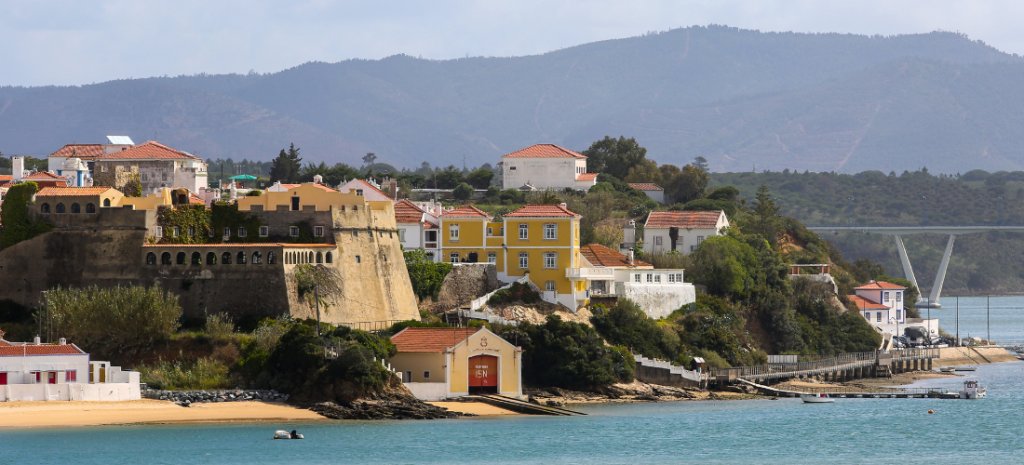 Beach and part of the Vila Nova de Milfontes village