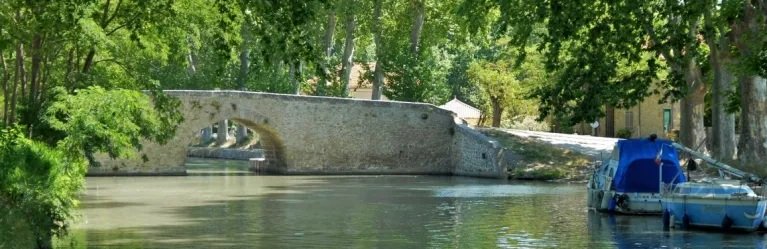 Boats on a shady tree-lined Canal du Midi